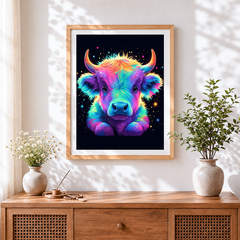 Finished neon rainbow highland cow calf paint by numbers artwork displayed as home decor