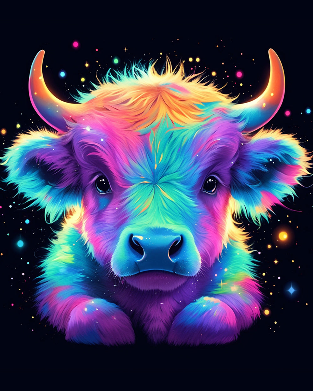 Neon rainbow highland cow calf paint by numbers kit for beginners