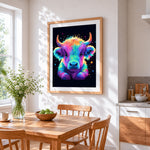 Neon rainbow highland cow calf paint by numbers artwork displayed on wall as home decor