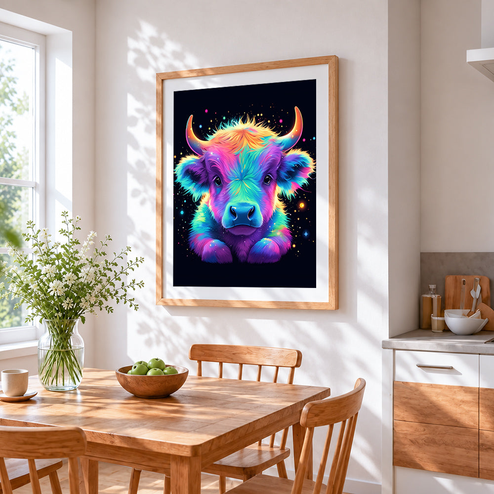 Neon rainbow highland cow calf paint by numbers artwork displayed on wall as home decor