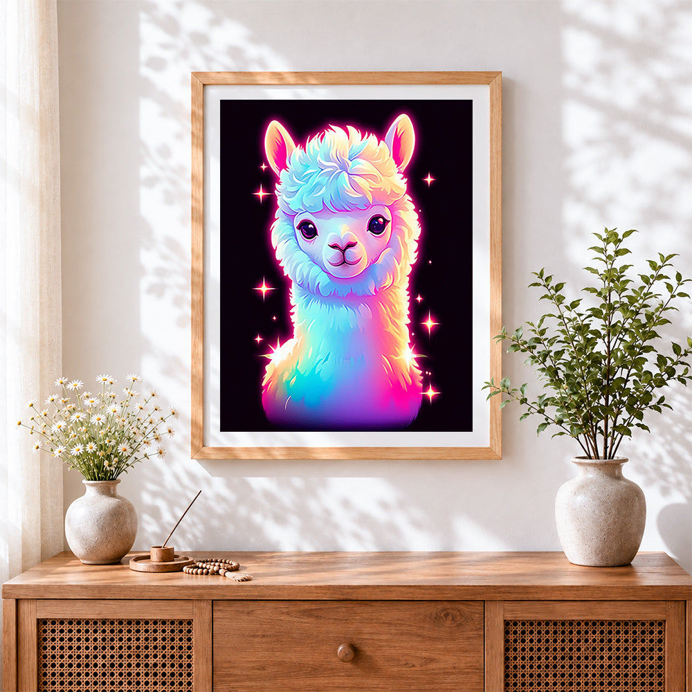 Finished neon rainbow llama cross stitch artwork displayed