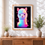 Finished neon rainbow llama cross stitch artwork displayed