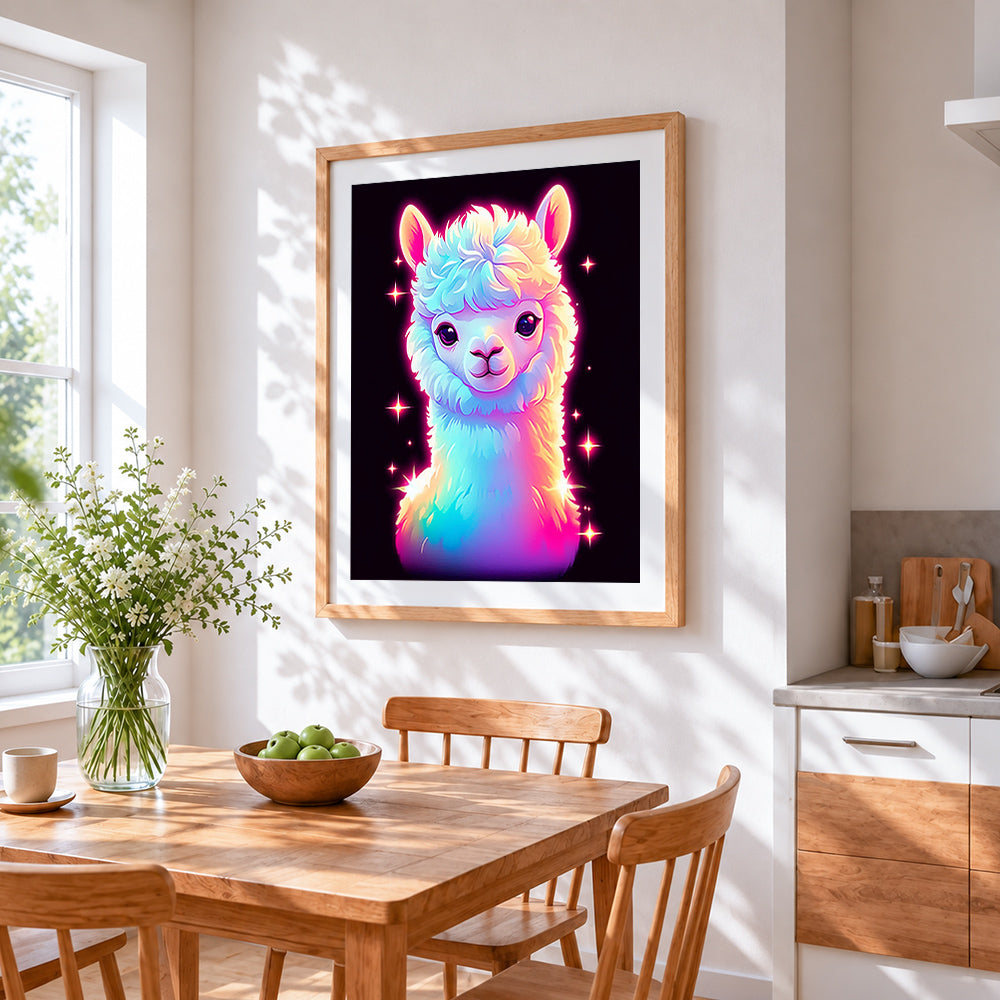 Neon rainbow llama cross stitch artwork displayed on wall as home decor