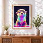 Finished neon rainbow otter cross stitch artwork displayed