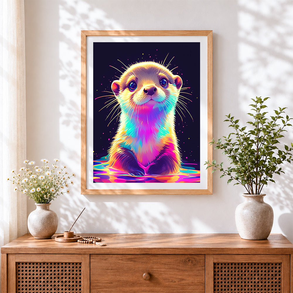 Finished neon rainbow otter cross stitch artwork displayed