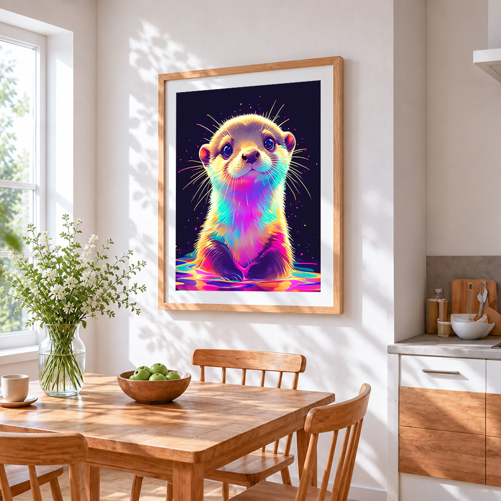 Neon rainbow otter cross stitch artwork displayed on wall as home decor