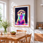 Neon rainbow otter cross stitch artwork displayed on wall as home decor