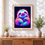 Finished neon rainbow sloth cross stitch artwork displayed