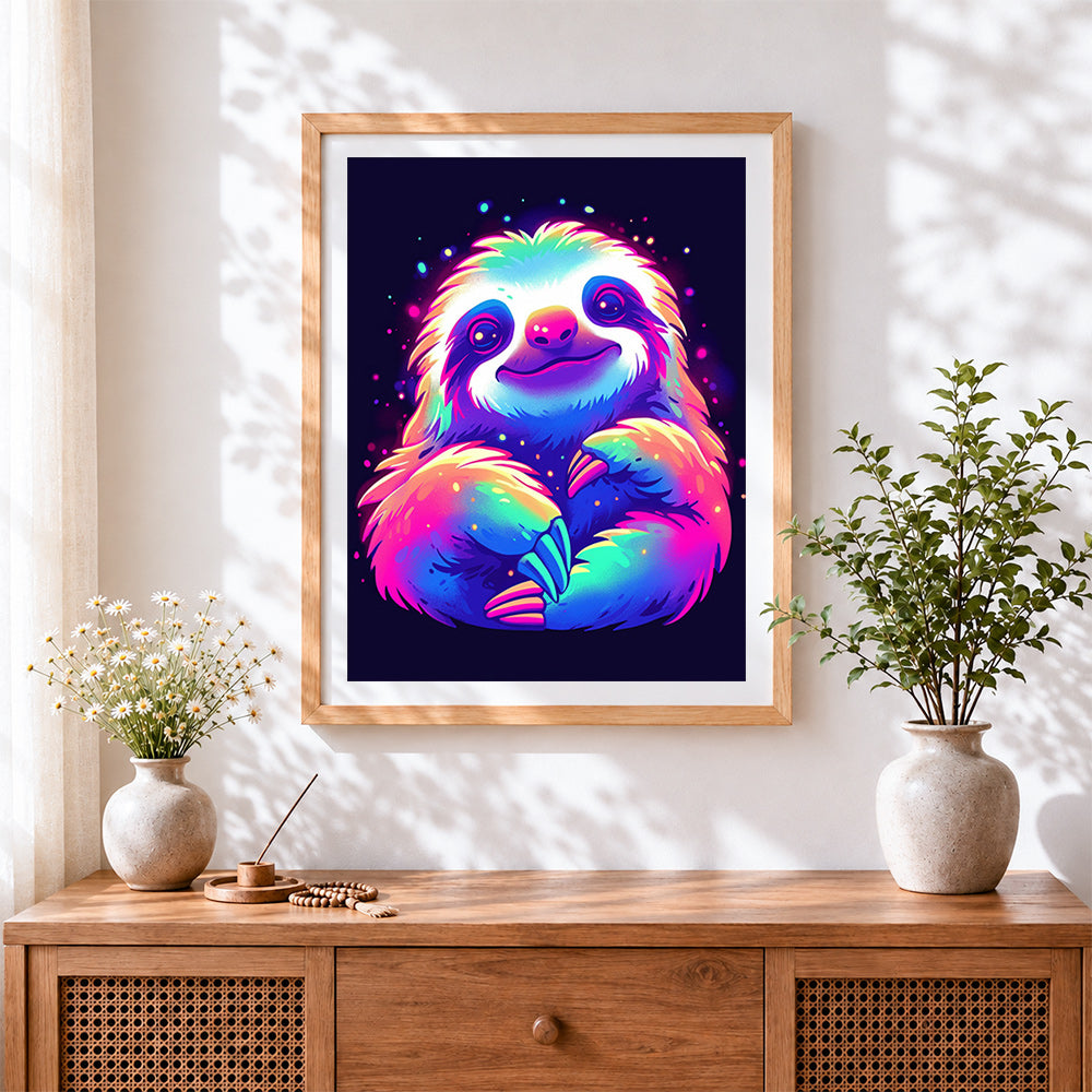 Finished neon rainbow sloth cross stitch artwork displayed