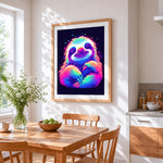 Neon rainbow sloth cross stitch artwork displayed on wall as home decor