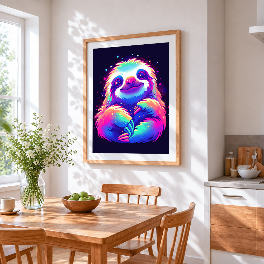 Neon rainbow sloth cross stitch artwork displayed on wall as home decor