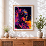 Finished neon sci-fi helmet cross stitch artwork displayed