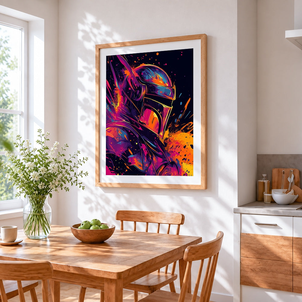 Neon sci-fi helmet cross stitch artwork displayed on wall as home decor