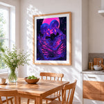 Neon skeleton lovers cross stitch artwork displayed on wall as home decor