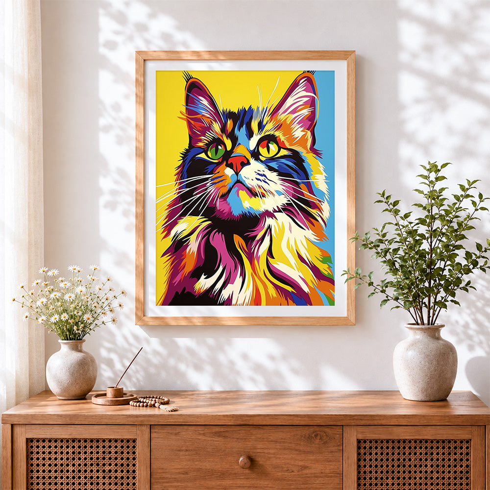 Finished neon spectrum cat cross stitch artwork displayed