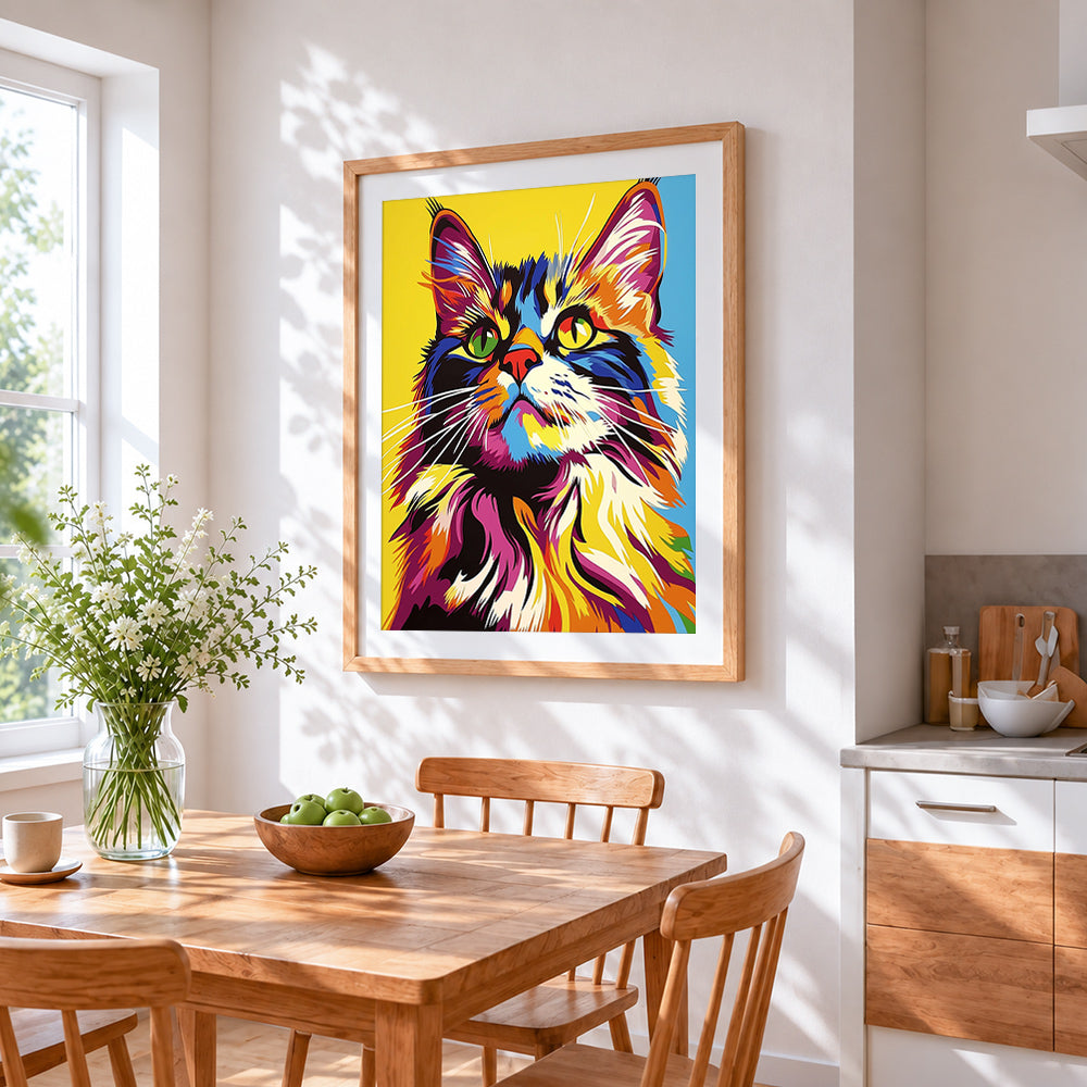 Neon spectrum cat cross stitch artwork displayed on wall as home decor