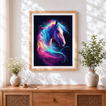 Finished neon splash horse cross stitch artwork displayed