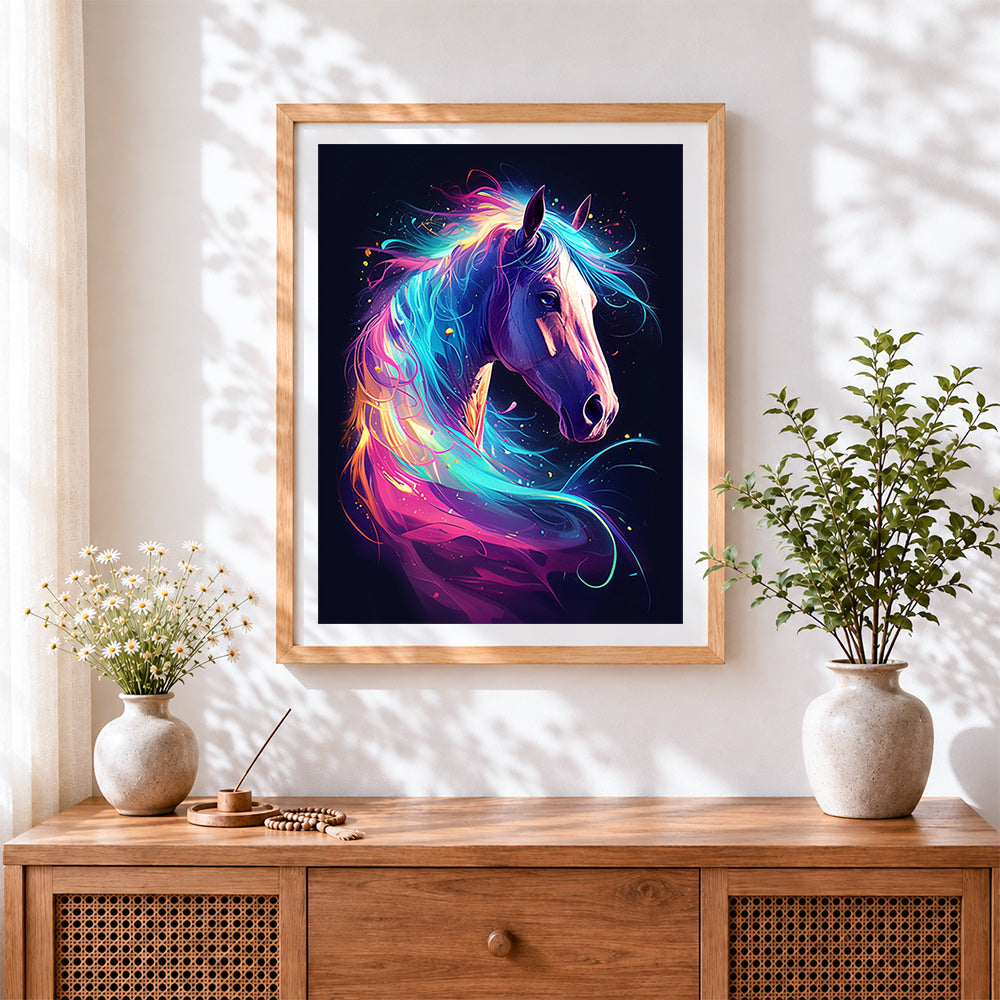 Finished neon splash horse cross stitch artwork displayed