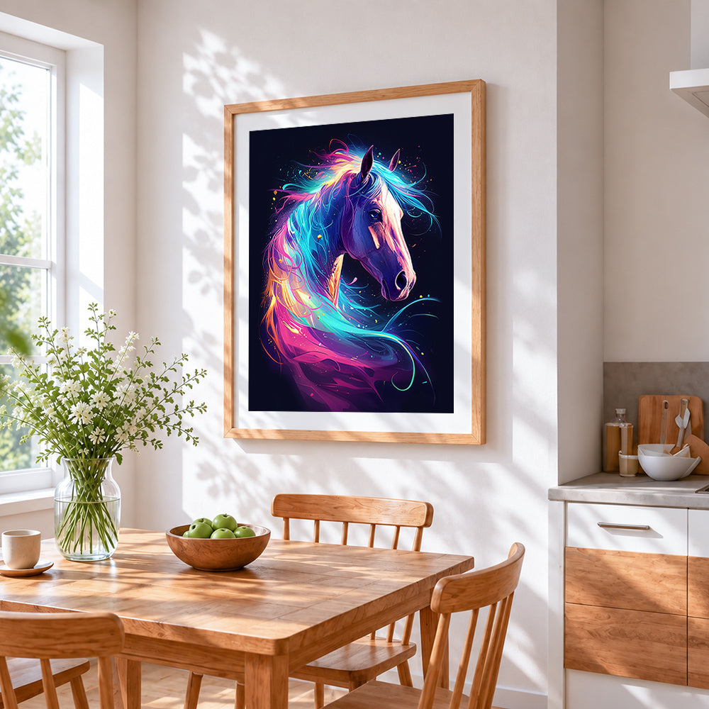 Neon splash horse cross stitch artwork displayed on wall as home decor