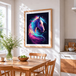 Neon splash horse cross stitch artwork displayed on wall as home decor