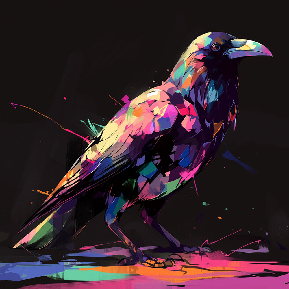 Neon splatter crow on black background cross stitch kit for beginners
