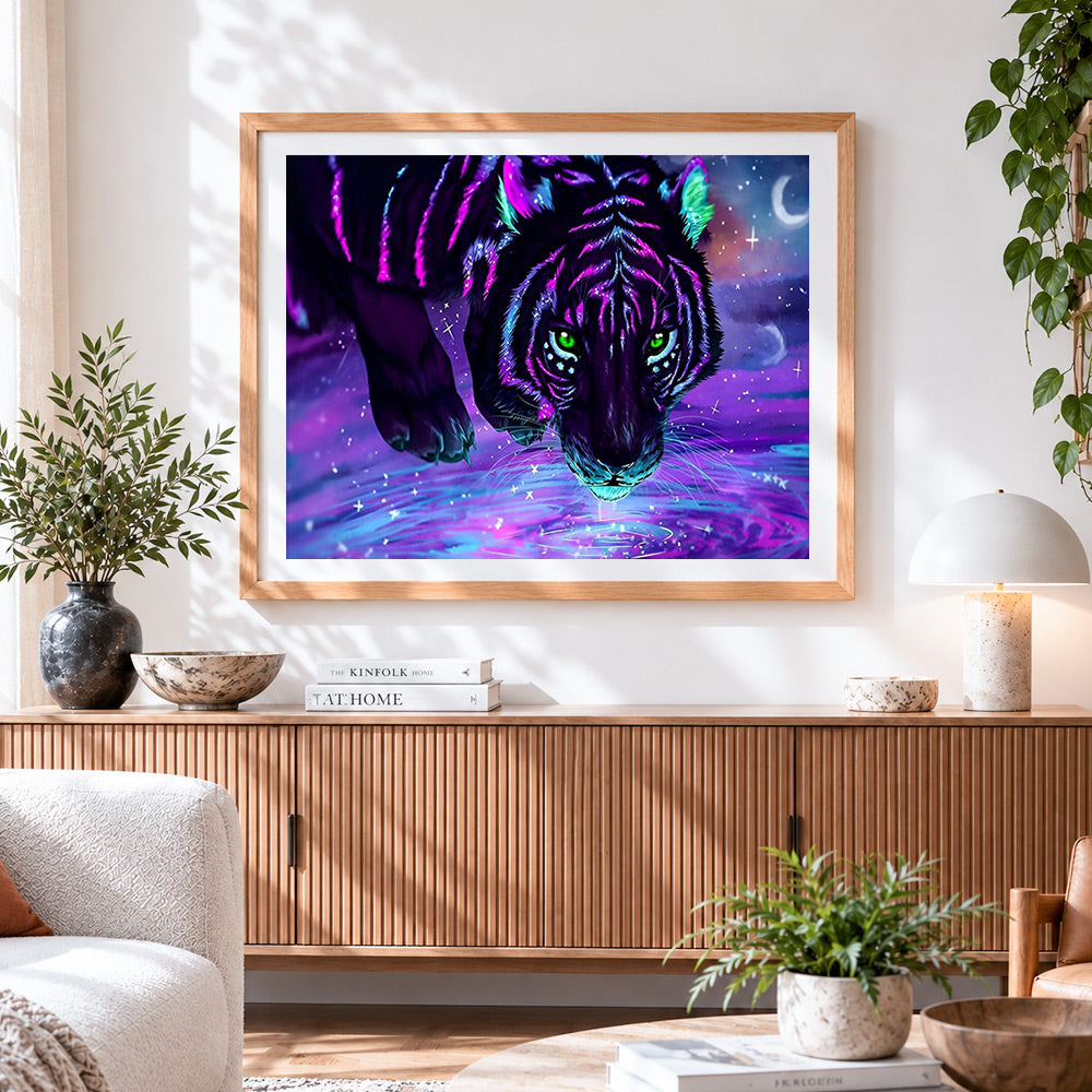 Finished neon starlight black tiger cross stitch artwork displayed