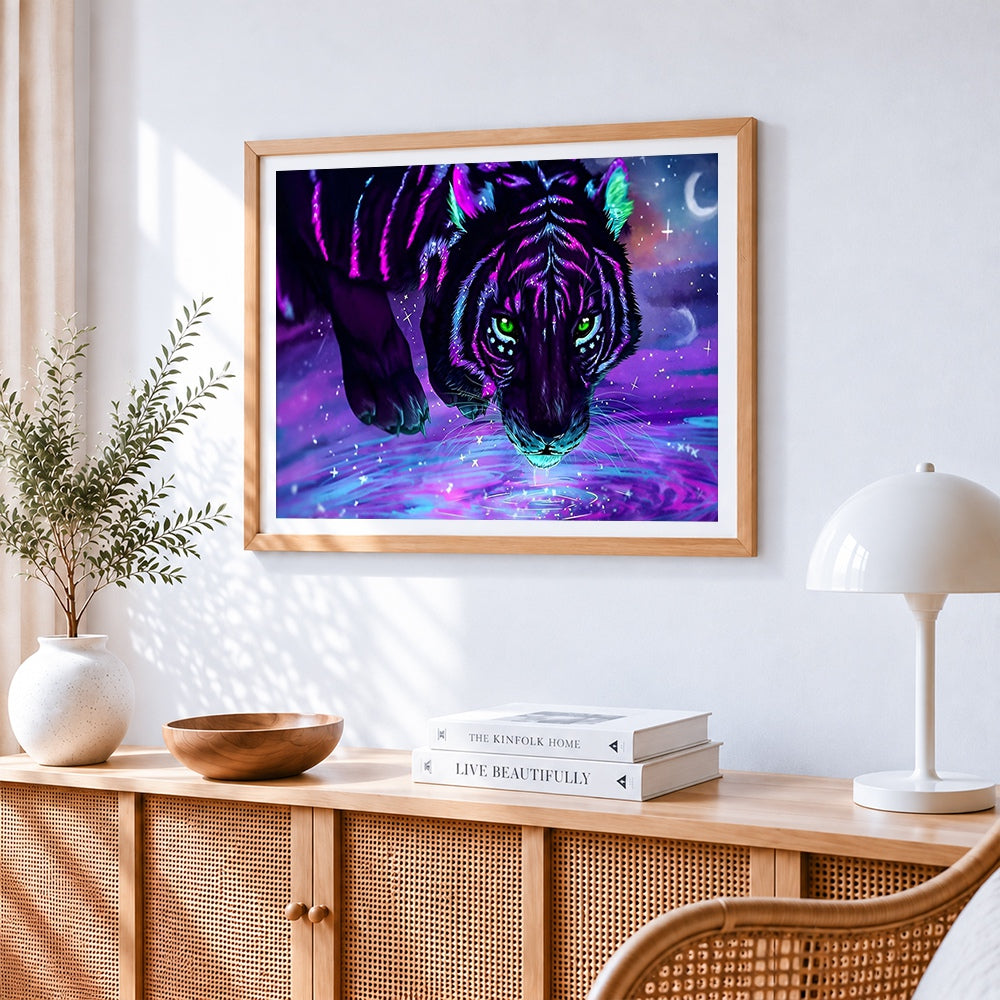 Neon starlight black tiger cross stitch artwork displayed on wall as home decor