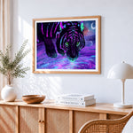Neon starlight black tiger paint by numbers artwork displayed on wall as home decor