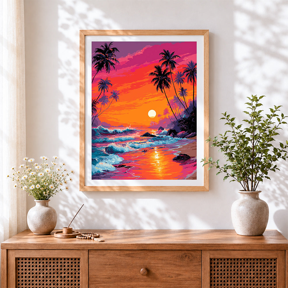 Finished neon tropical sunset and ocean waves cross stitch artwork displayed