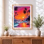 Finished neon tropical sunset and ocean waves cross stitch artwork displayed