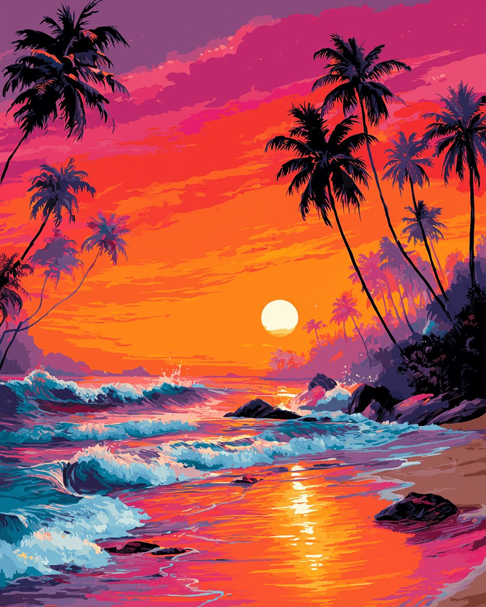 Neon tropical sunset and ocean waves cross stitch kit for beginners