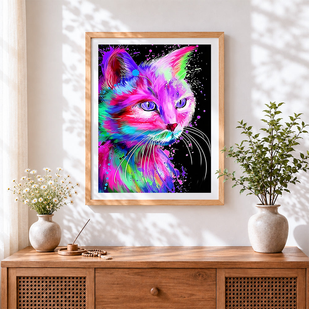 Finished neon watercolour cat cross stitch artwork displayed