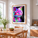 Neon watercolour cat cross stitch artwork displayed on wall as home decor