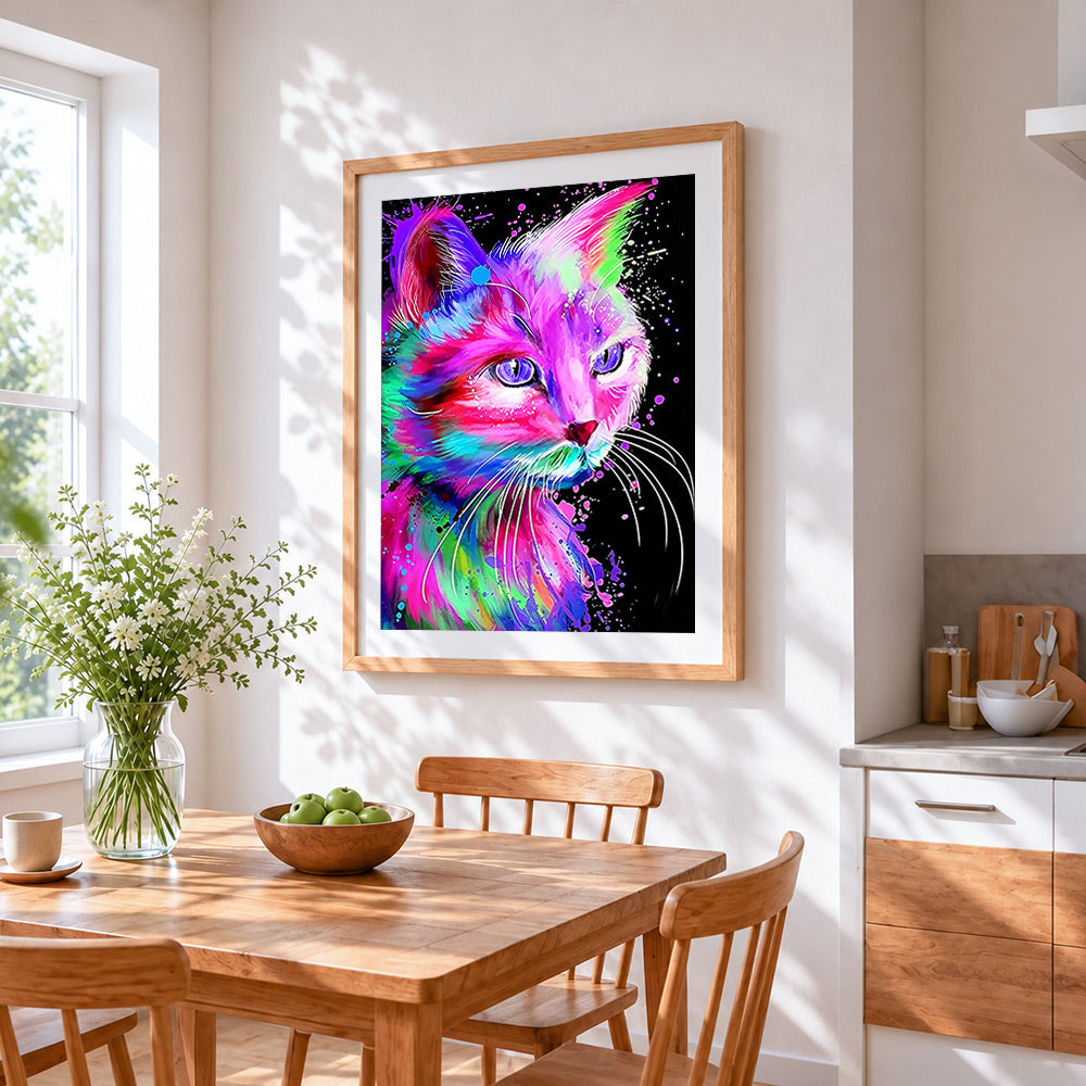 Neon watercolour cat cross stitch artwork displayed on wall as home decor