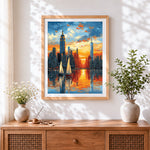 Finished new york skyline at sunset cross stitch artwork displayed