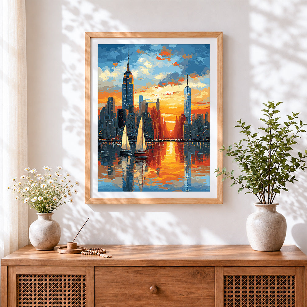 Finished new york skyline at sunset cross stitch artwork displayed