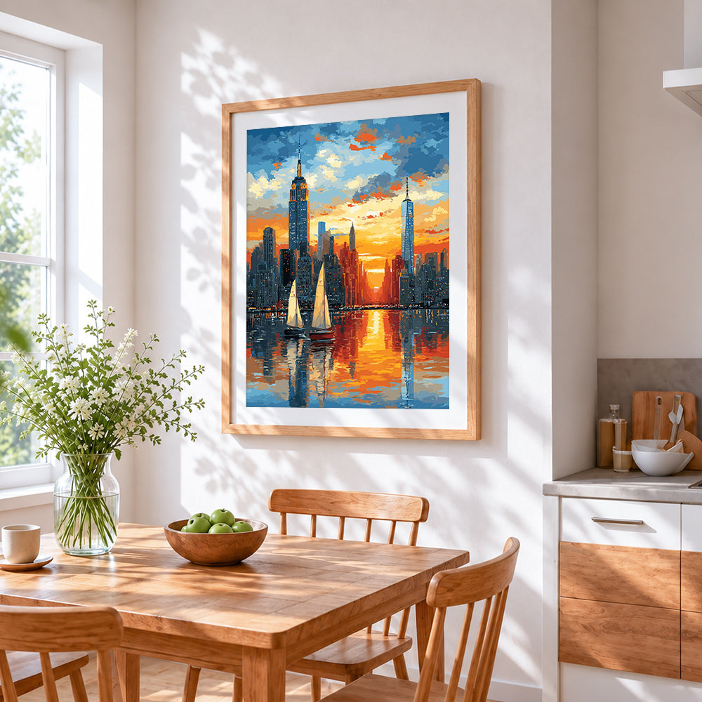 New york skyline at sunset cross stitch artwork displayed on wall as home decor