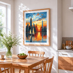 New york skyline at sunset cross stitch artwork displayed on wall as home decor