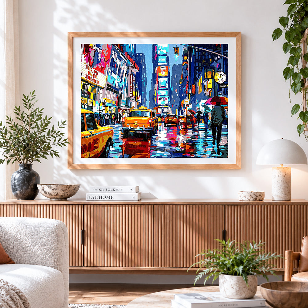 Finished new york times square in the rain cross stitch artwork displayed