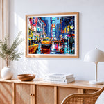 New york times square in the rain cross stitch artwork displayed on wall as home decor