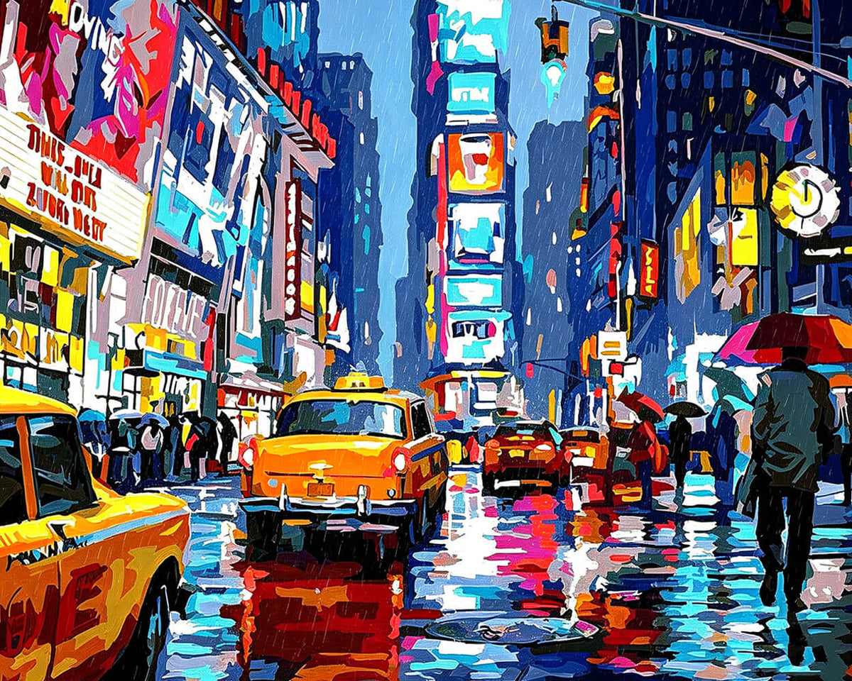 New york times square in the rain paint by numbers kit for beginners