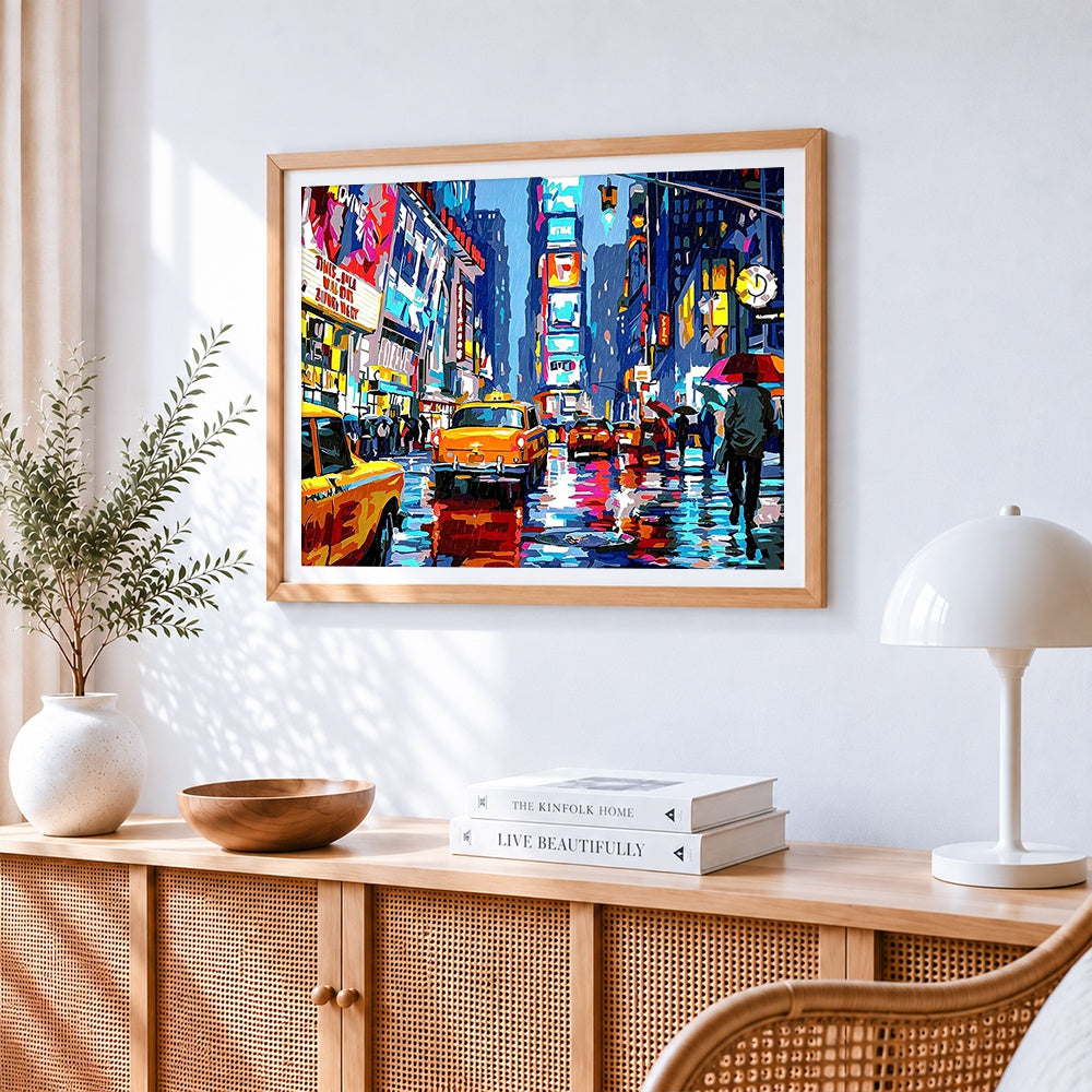 New york times square in the rain paint by numbers artwork displayed on wall as home decor