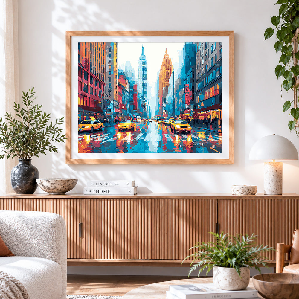 Finished new york yellow taxi paint by numbers artwork displayed as home decor