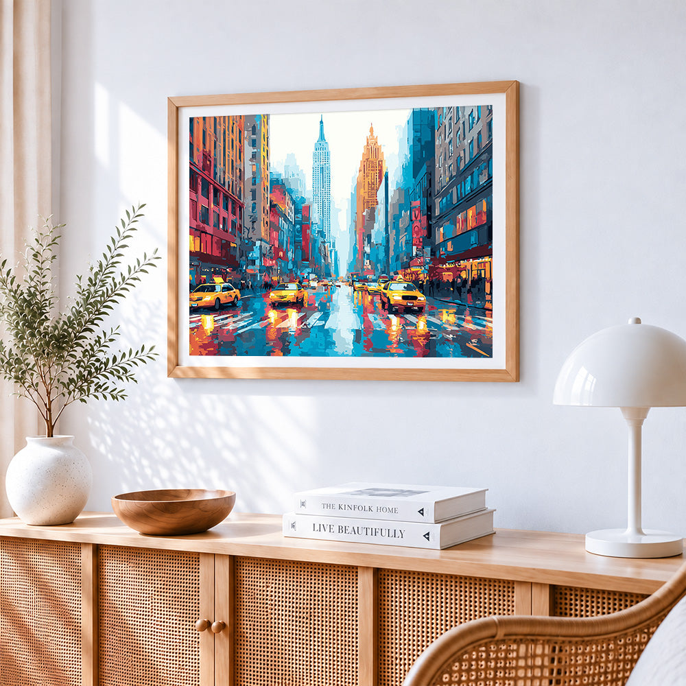 New york yellow taxi paint by numbers artwork displayed on wall as home decor