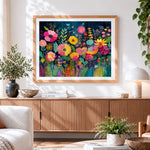 Finished night blooming flowers cross stitch artwork displayed