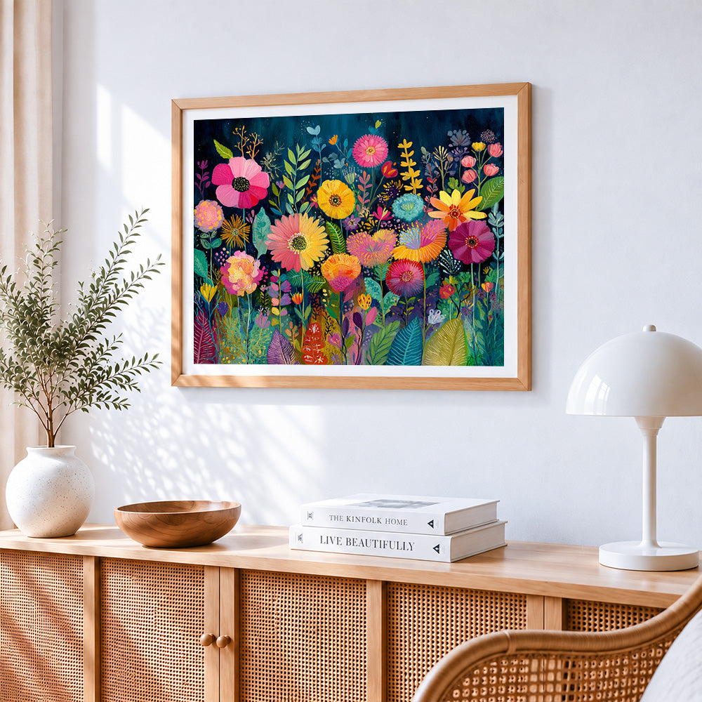 Night blooming flowers cross stitch artwork displayed on wall as home decor