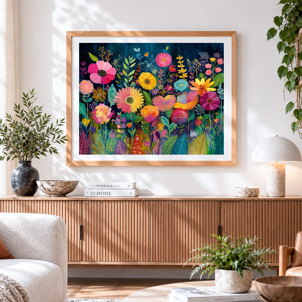 Finished night blooming flowers paint by numbers artwork displayed as home decor