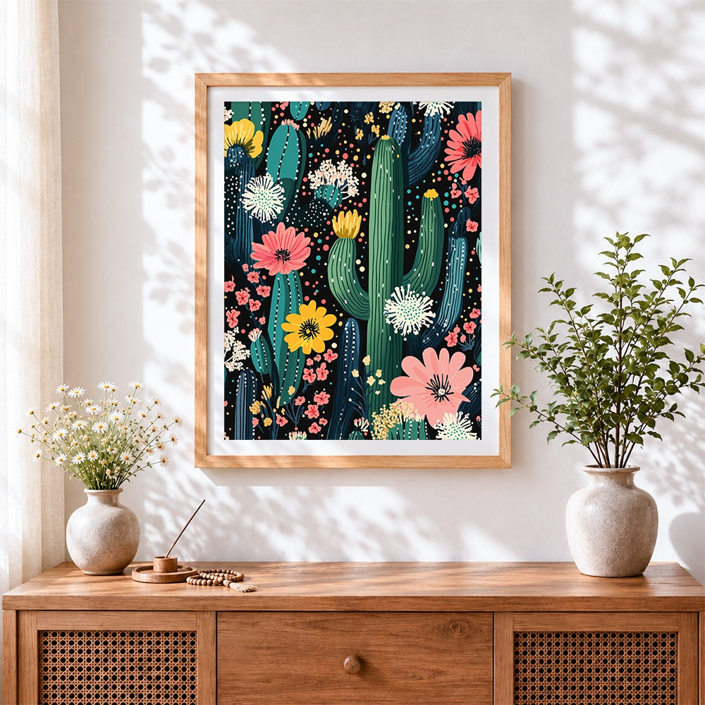 Finished night cactus garden cross stitch artwork displayed