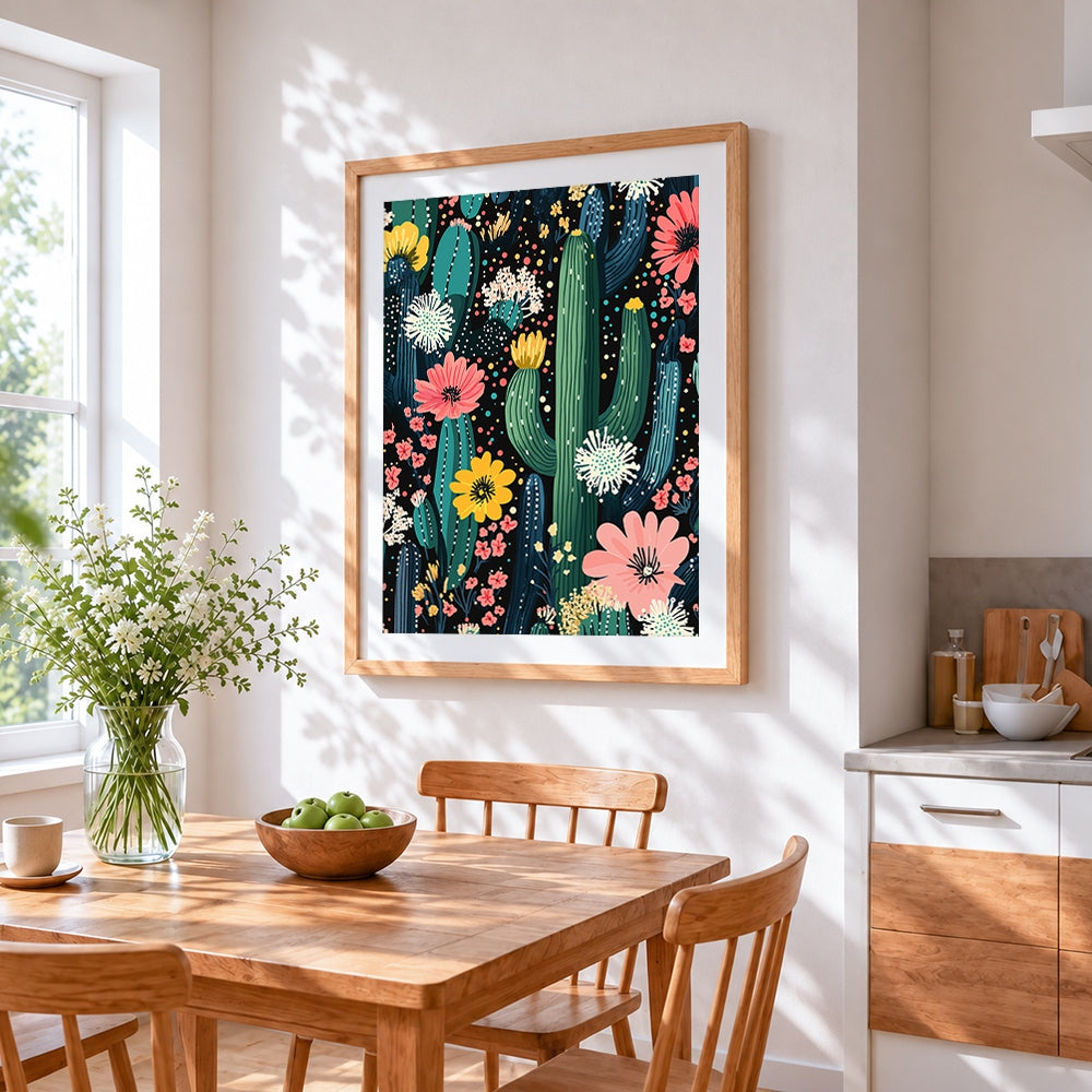 Night cactus garden cross stitch artwork displayed on wall as home decor