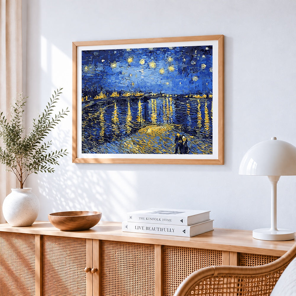 Night over the rhone cross stitch artwork displayed on wall as home decor